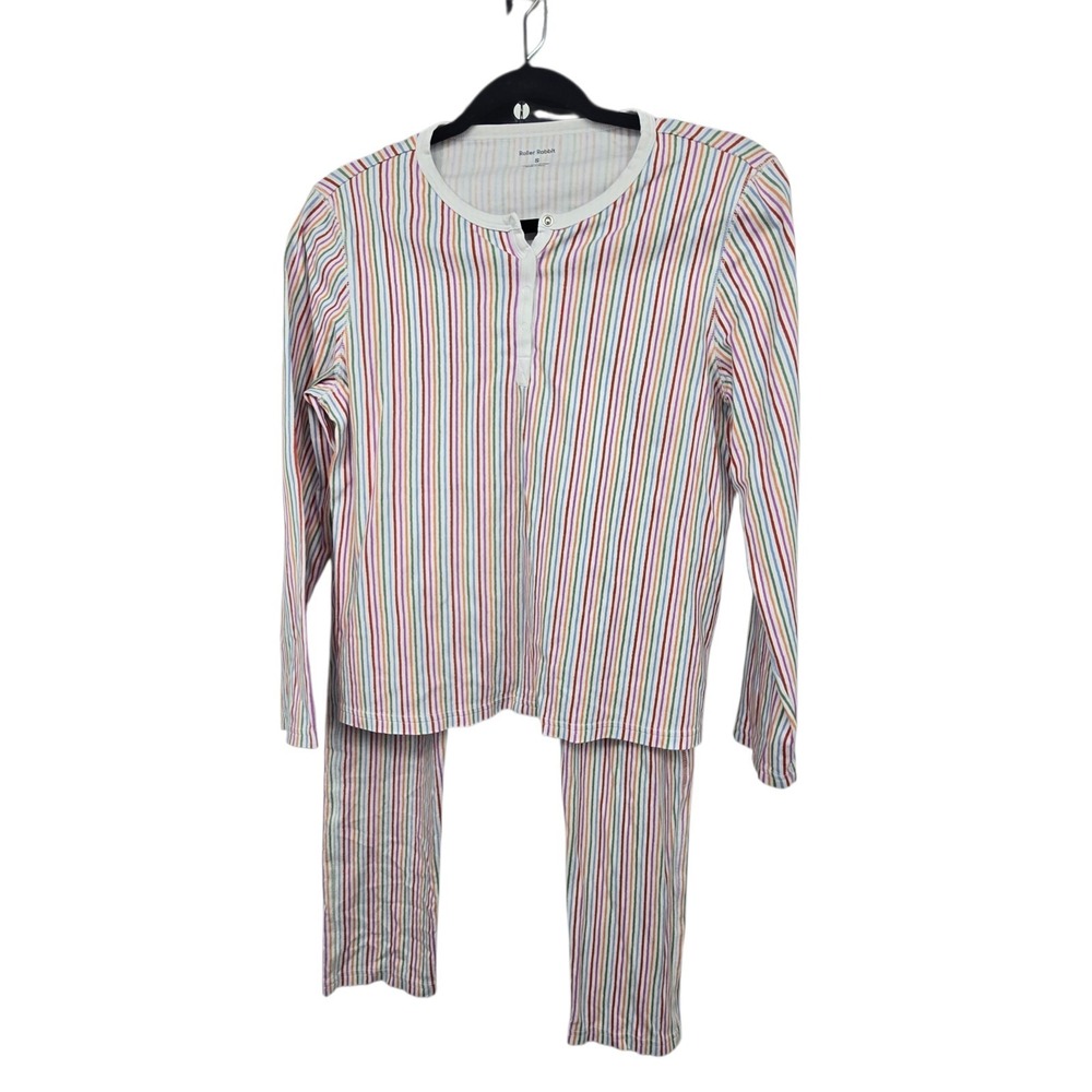 Roller Rabbit Pima Cotton Rainbow Striped Pajamas Set Womens SM Henley L/S Pants